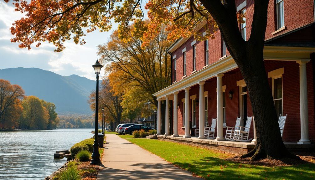 Lakeside walkway beside a red-brick building with white columns and autumn trees in the mountains