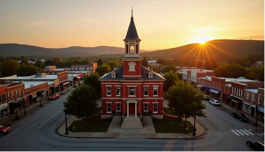 Sunset over a red town hall with a clock tower, centered on a quiet main street.
