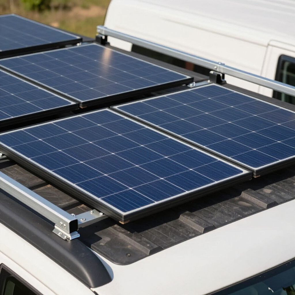 Zonnepanelen geïnstalleerd op het dak van een witte bestelwagen, lichtjes naar de camera gericht.