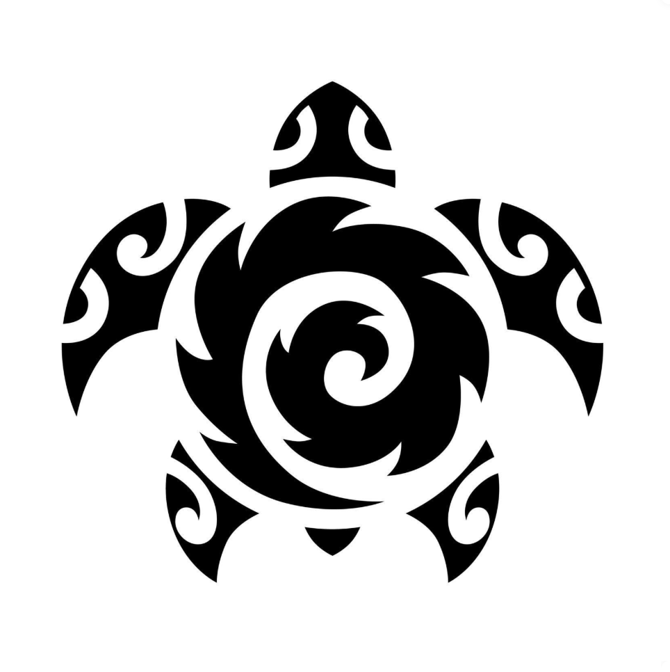 Zwart-witte gestileerde schildpad met spiraalvormig middenstuk en gebogen patronen op het schild en de flippers.