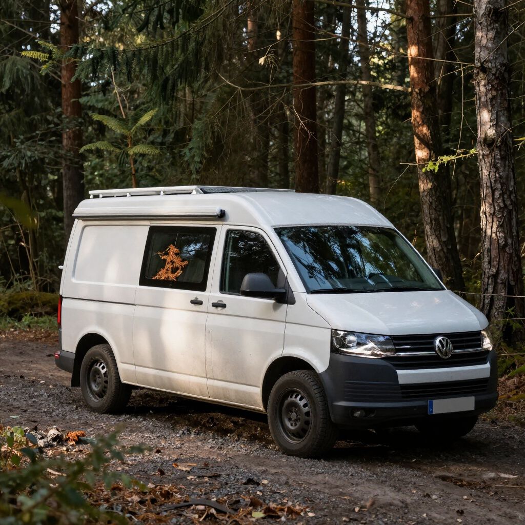 Witte camper geparkeerd op een onverhard pad in een bos.