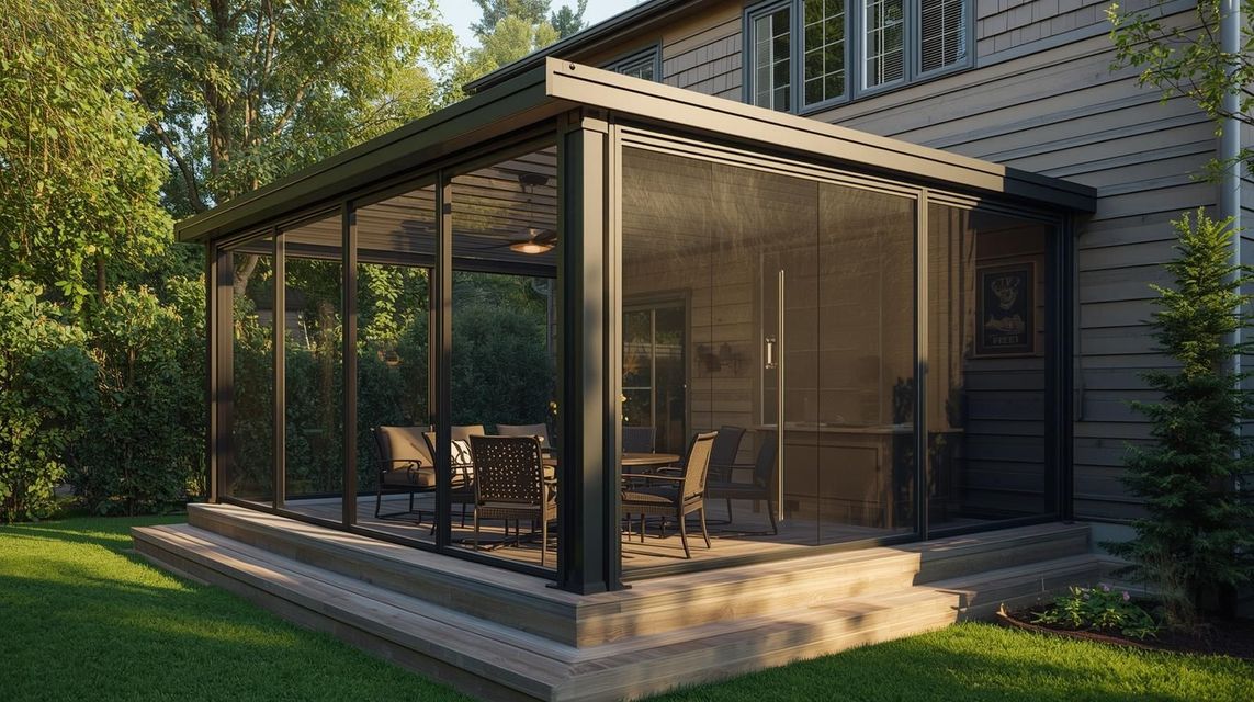 A modern, dark-framed screened-in patio attached to a house, featuring outdoor furniture set on a raised concrete deck.