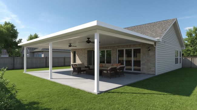 A tan brick house with a large white covered patio featuring outdoor seating in a grassy backyard under a clear blue sky.