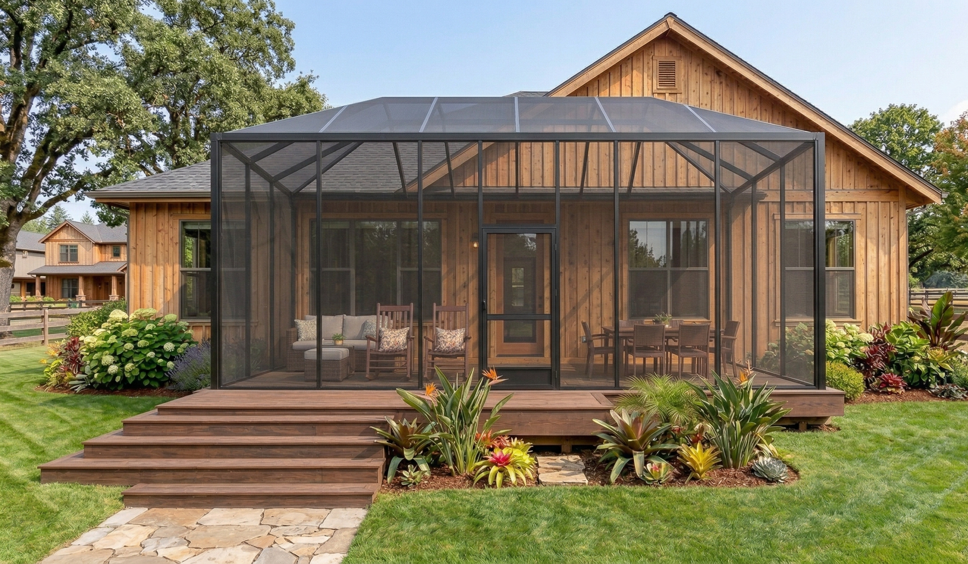 A white-framed screened-in patio enclosure with a door, furnished with a sofa, situated on a stone patio in a backyard.