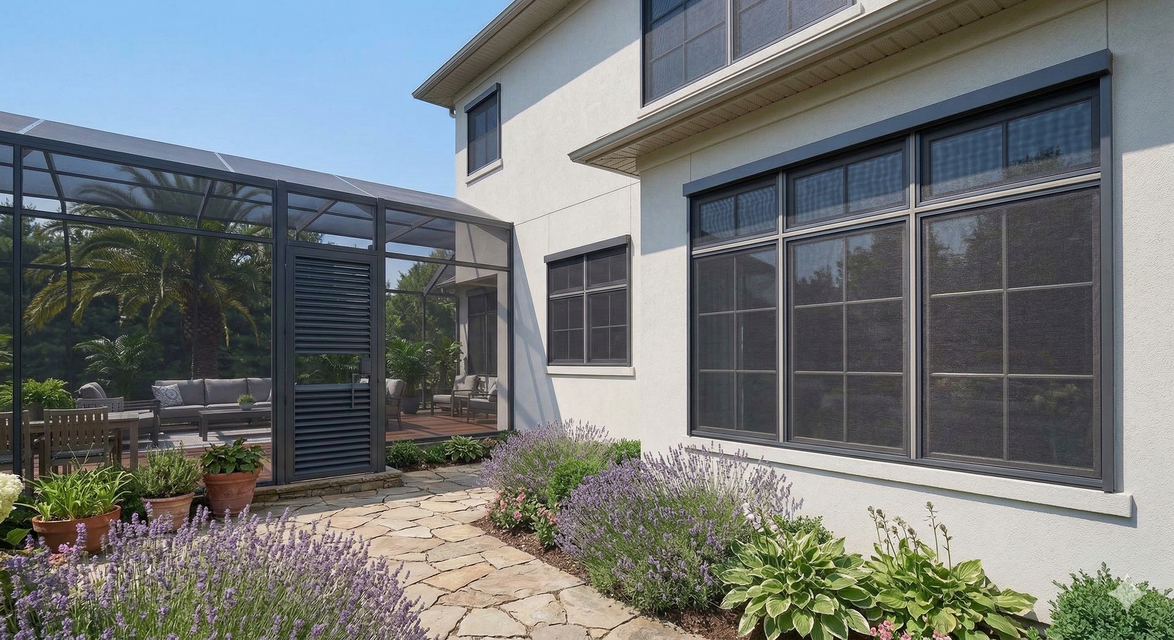 A beige house with dark-framed windows and a screened-in patio, alongside a stone walkway lined with purple lavender.