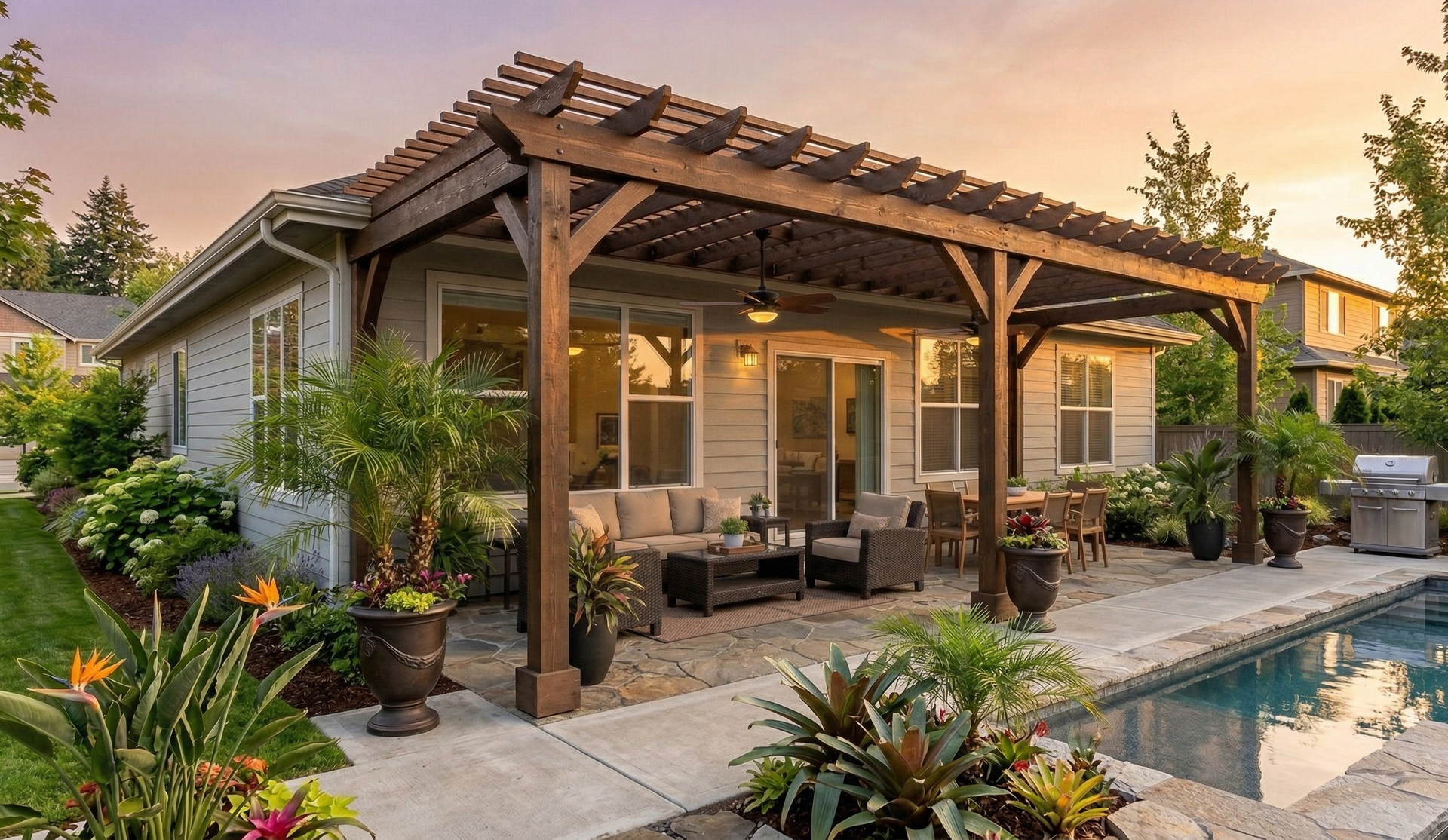 A modern outdoor patio featuring a covered pergola, kitchen area, lounge seating, and decorative wooden privacy screens.