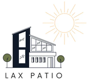 Logo for LAX PATIO featuring a modern house with a sun, two trees, and the text