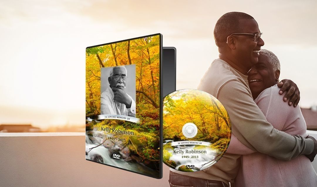 a man and woman are hugging each other in front of a dvd case and cd .