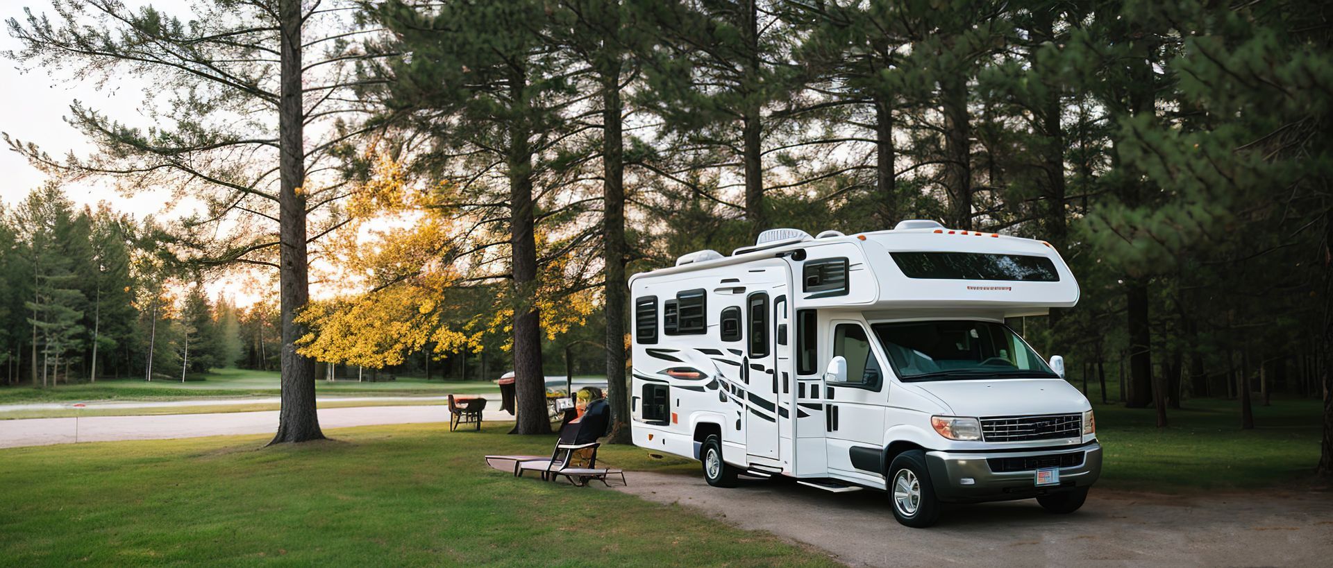 Un camping-car blanc est stationné dans un terrain de camping. Des arbres entourent le véhicule, et on aperçoit un lac ou un étang au loin.