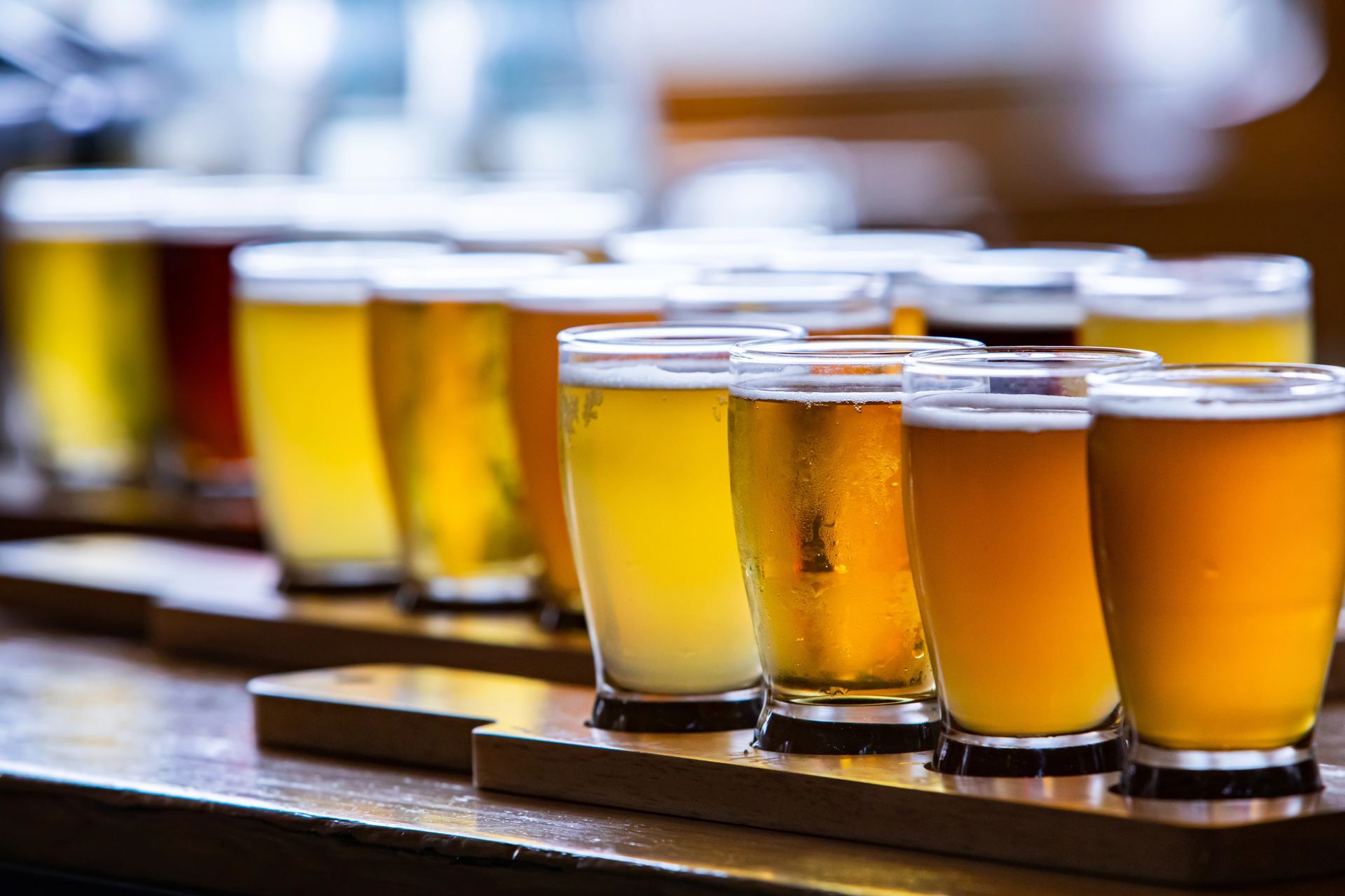In un pub, su vassoi di legno per la degustazione sono disposti diversi bicchieri di birra di varie tonalità, dall'oro all'ambra.