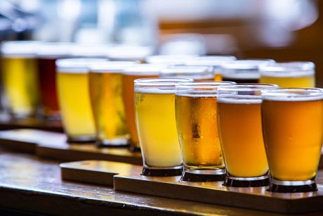 Una selezione di birre diverse in piccoli bicchieri disposti su vassoi di legno sul bancone del bar.