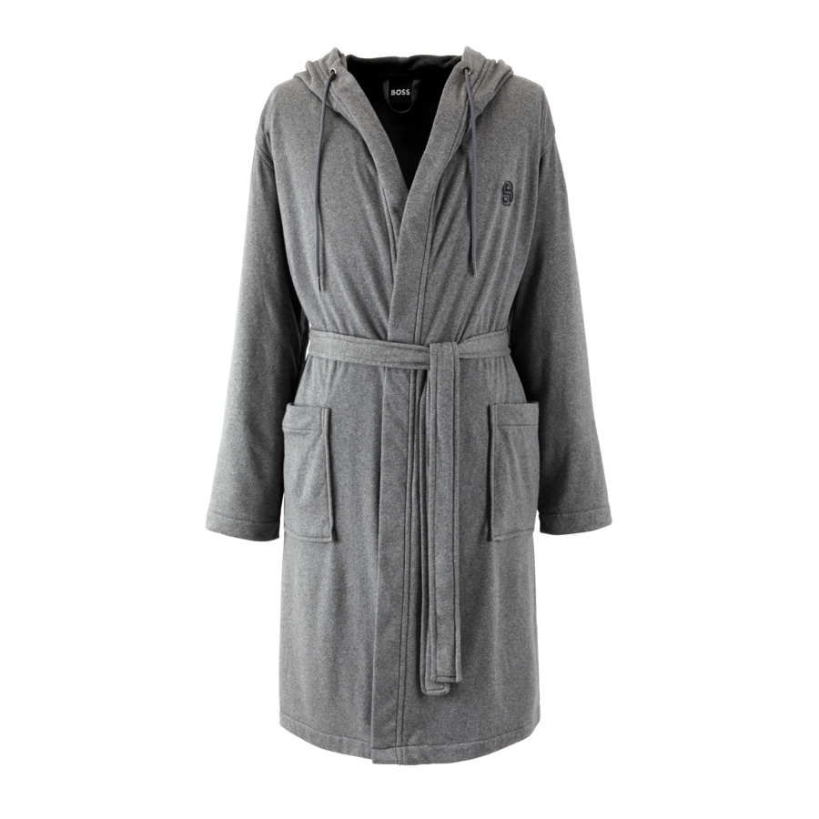 Une robe grise avec une capuche et des poches sur fond blanc.