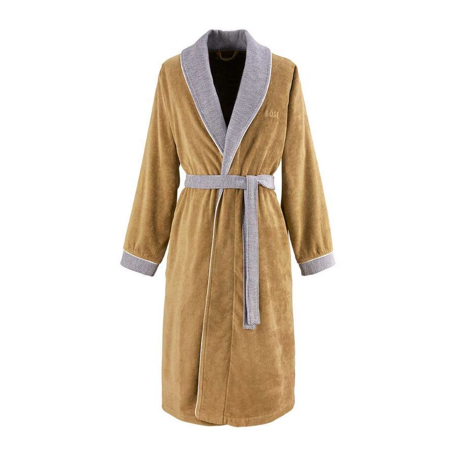 Une robe marron avec un col et des poignets gris