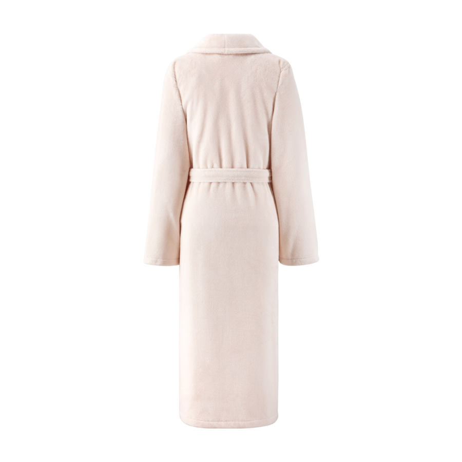 Manteau long beige clair ceinturé, vu de dos sur fond blanc