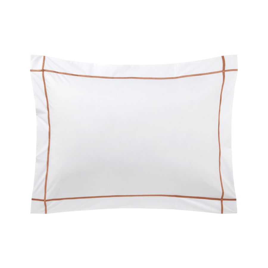 Un oreiller blanc avec une bordure marron sur fond blanc.