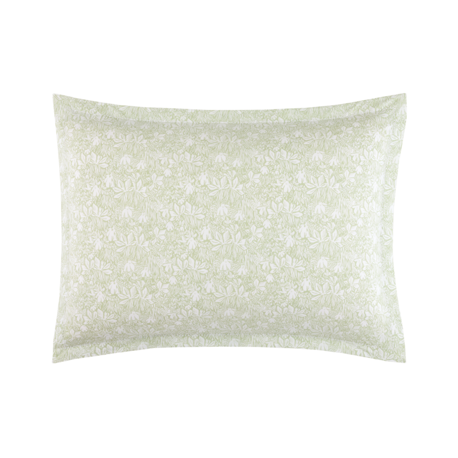 Une taie d'oreiller rectangulaire d'un doux coloris vert sauge, ornée d'un délicat motif floral botanique blanc répétitif.