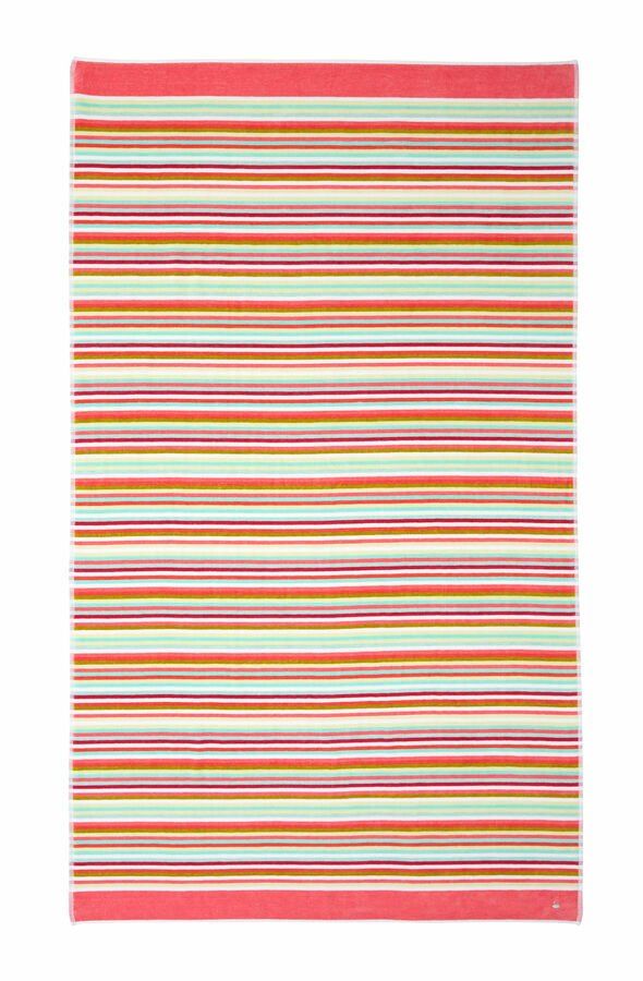 Un tapis rayé coloré avec une bordure rose sur fond blanc.