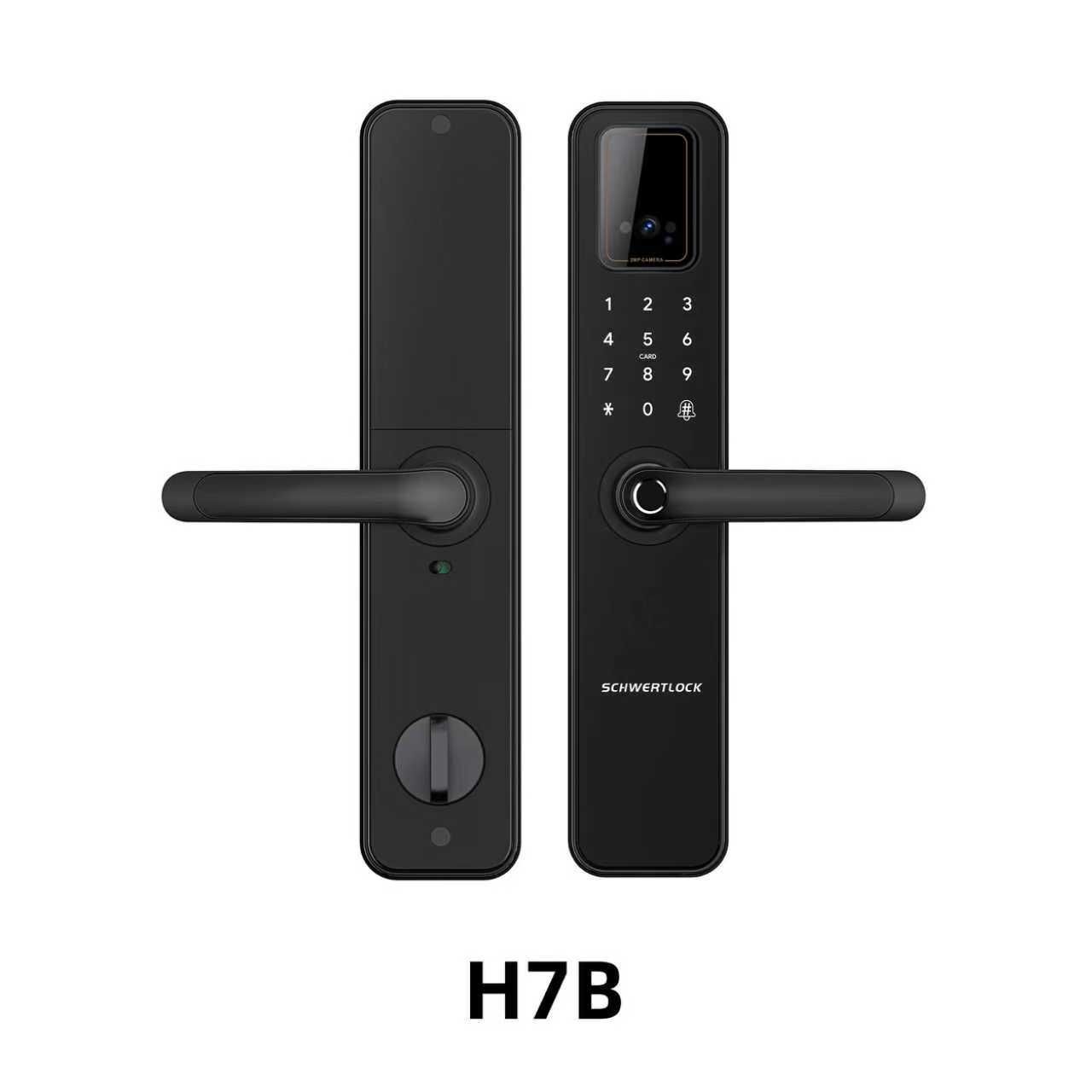 Cerradura de puerta inteligente negra con teclado, manija de palanca y escáner de huellas dactilares, etiquetada H7B.