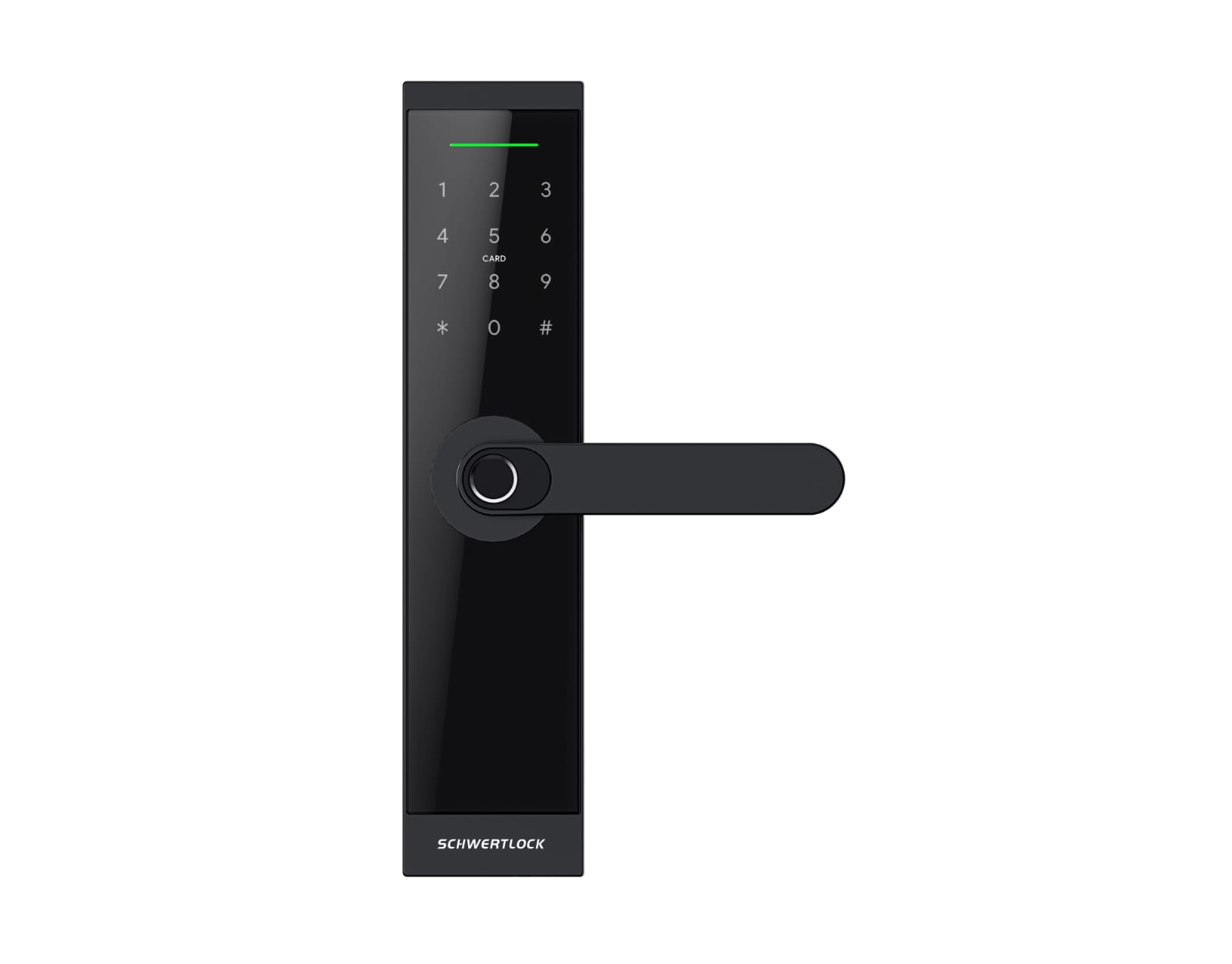 Cerradura de puerta inteligente negra con teclado, lector de huellas dactilares y manija.