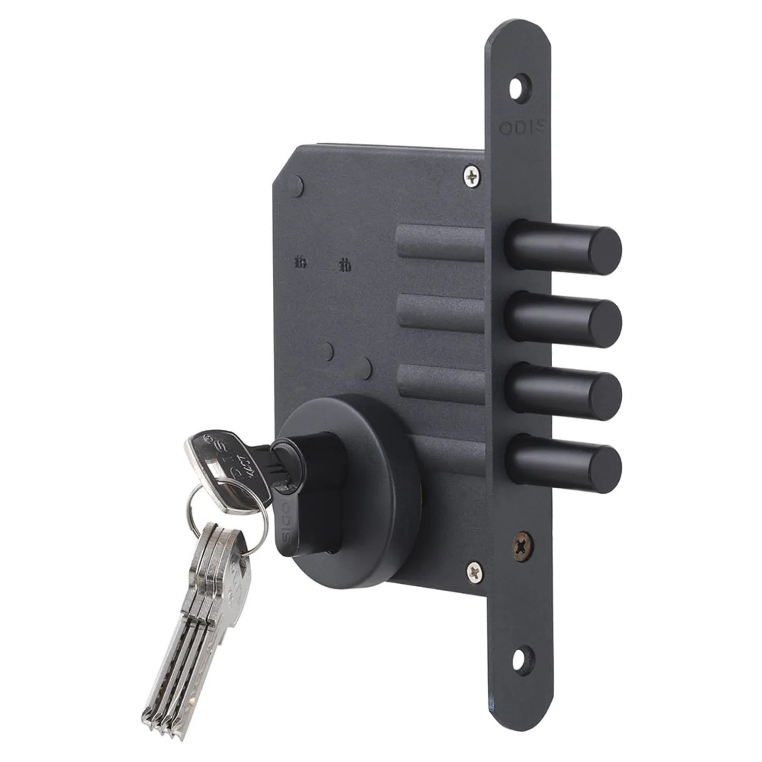 Cerradura de puerta resistente de color negro con llave insertada y cuatro pernos salientes, montada sobre un fondo blanco.