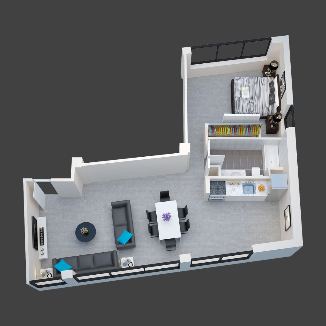 3D floor plan of a small apartment with a living area, dining table, kitchen, and bathroom.