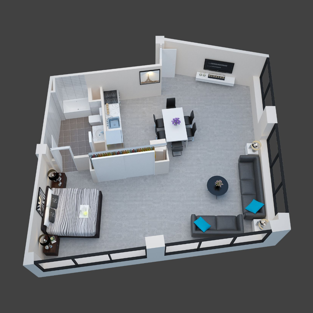 3D floor plan of a modern studio apartment with bed, kitchen, dining table, sofa, and TV area