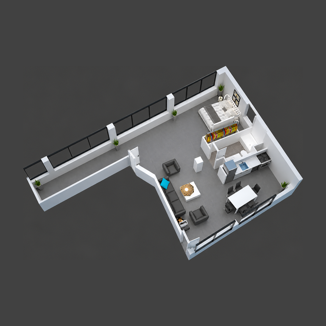 3D floor plan of a small modern apartment with bedroom, bathroom, and open kitchen-dining area