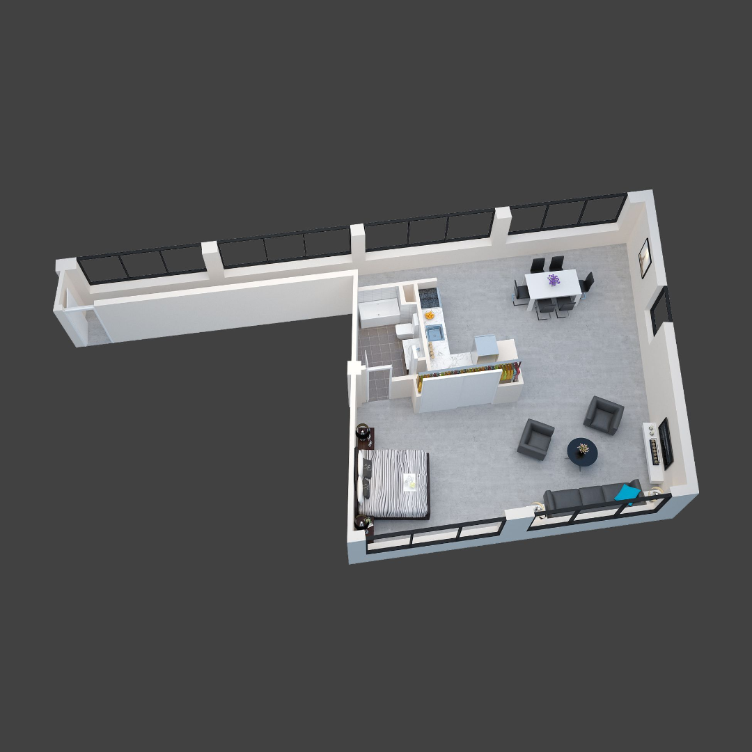 3D floor plan of a small apartment with living room, bedroom, kitchen, and bathroom area