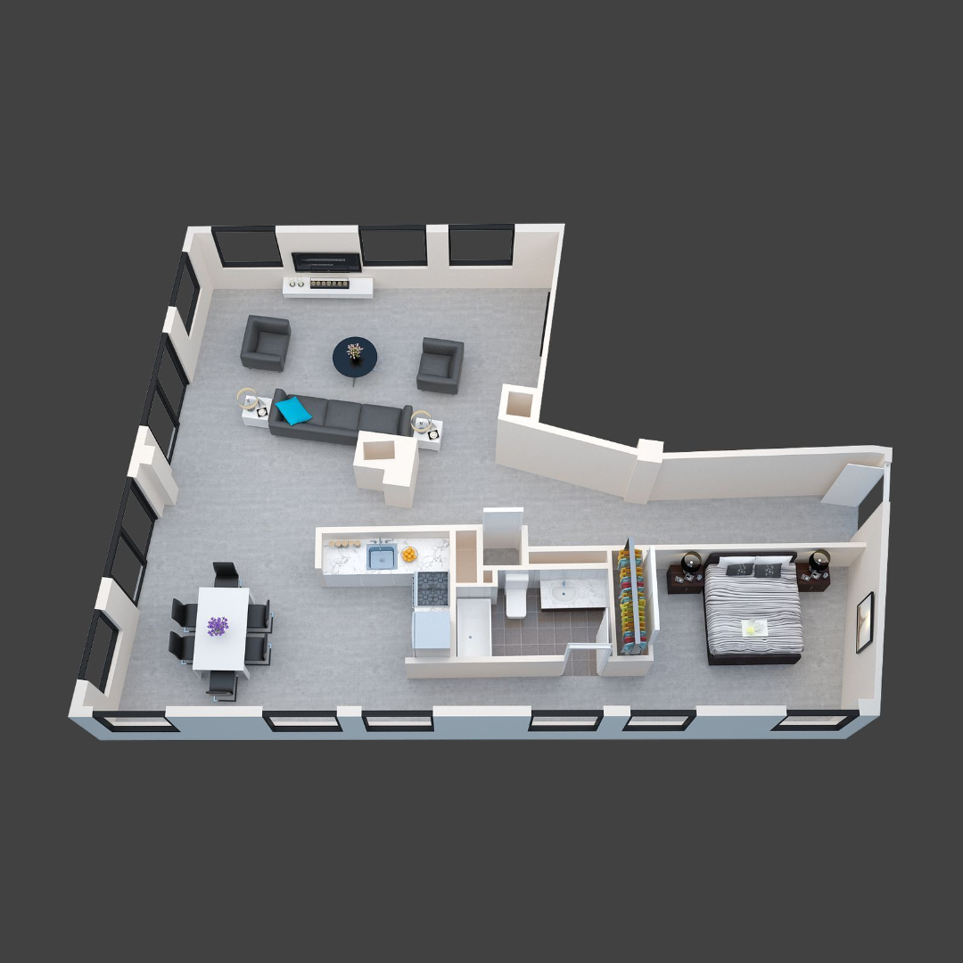 3D floor plan of a modern apartment with furniture, kitchen, living area, and bedroom in gray and white tones