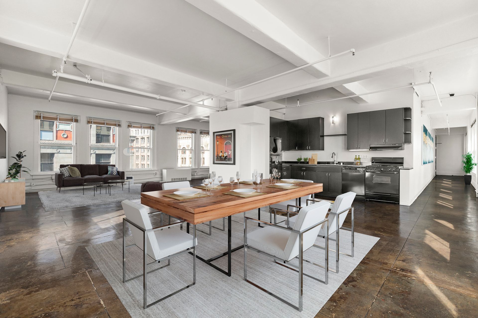 Modern dining table and kitchen