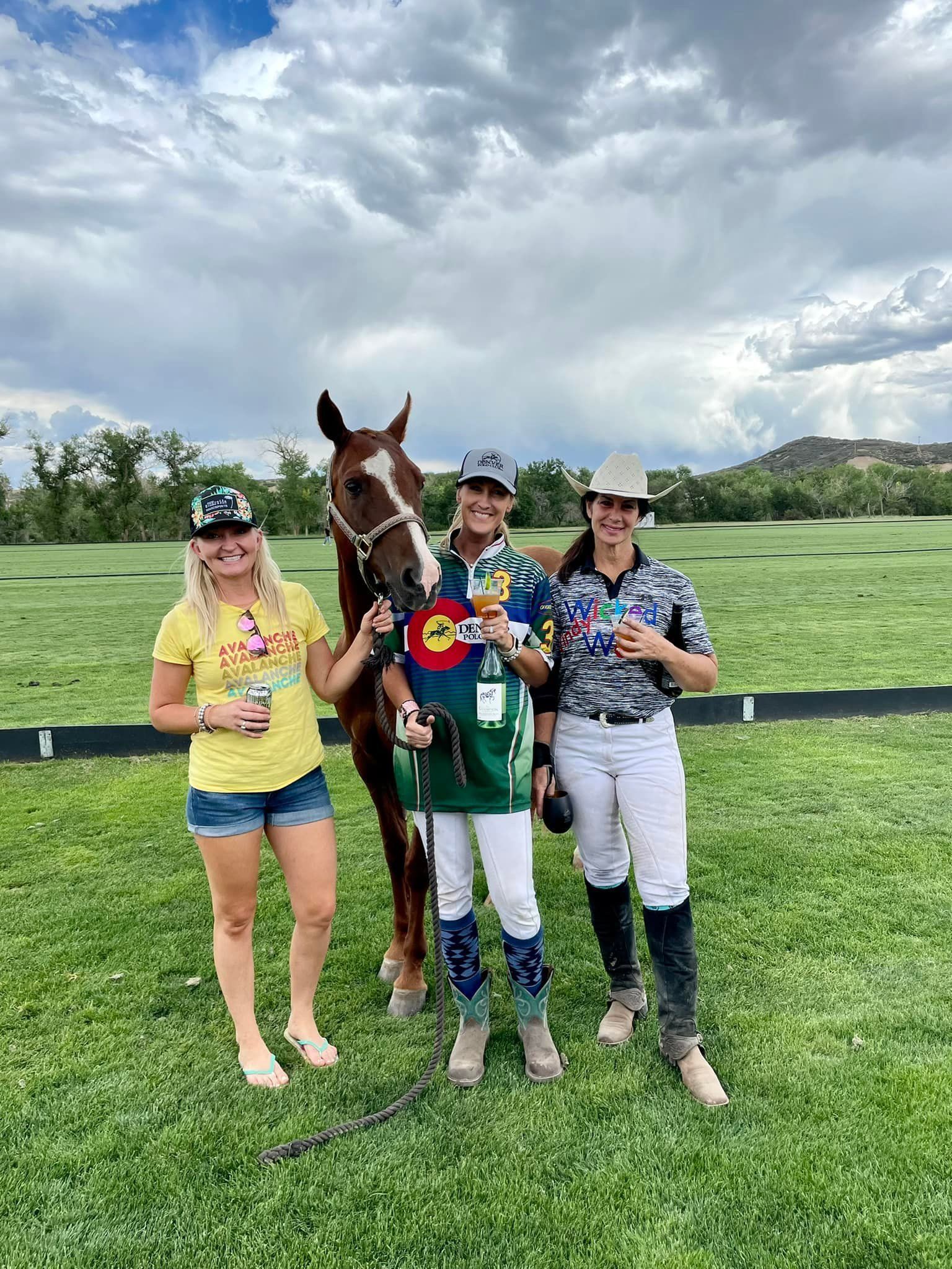 Three people are standing next to a horse in a field.