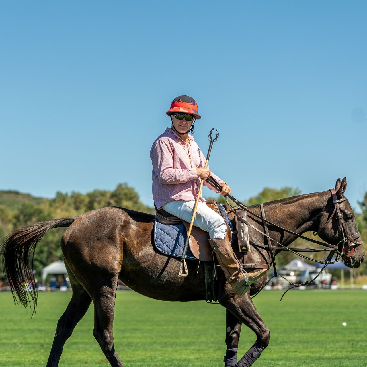 A man is riding a horse in a field