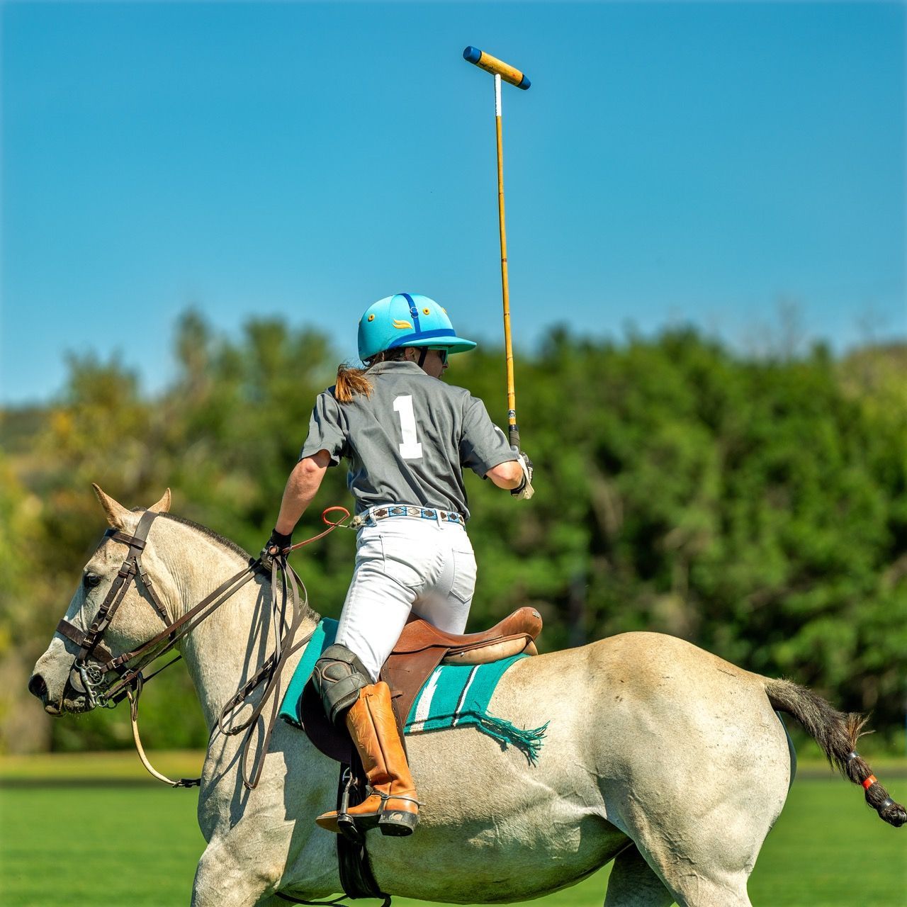 A man is riding a horse while holding a polo stick.