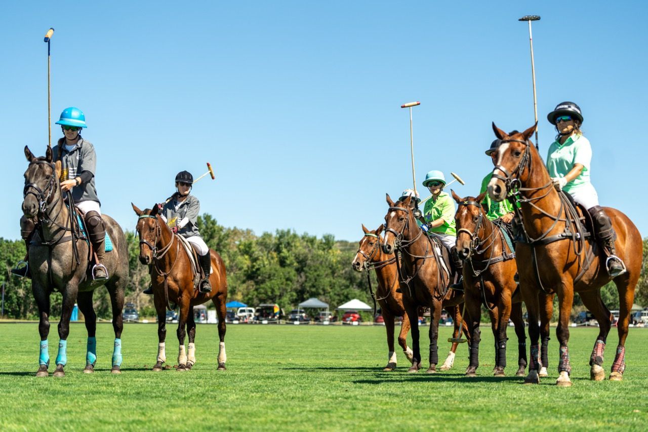 A group of people are riding horses on a field.