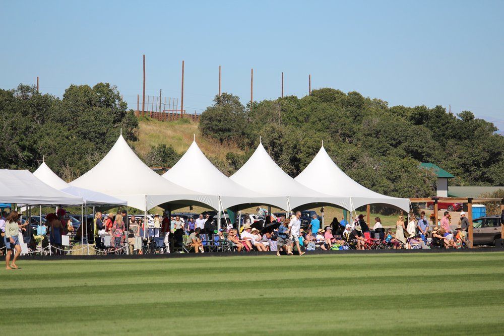 A group of people are sitting under tents on a field.