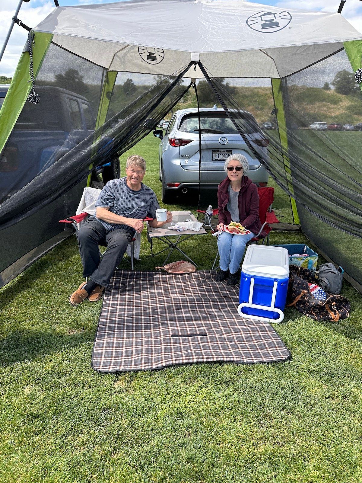 A man and a woman are sitting under a tent in the grass.