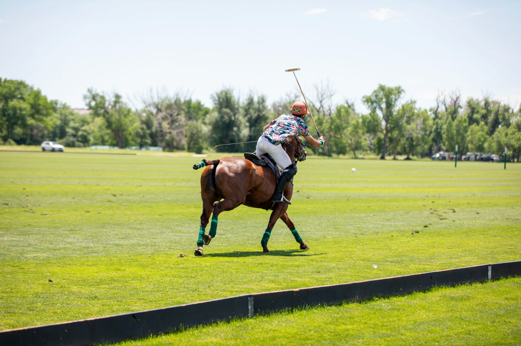 A man is riding a horse on a polo field.