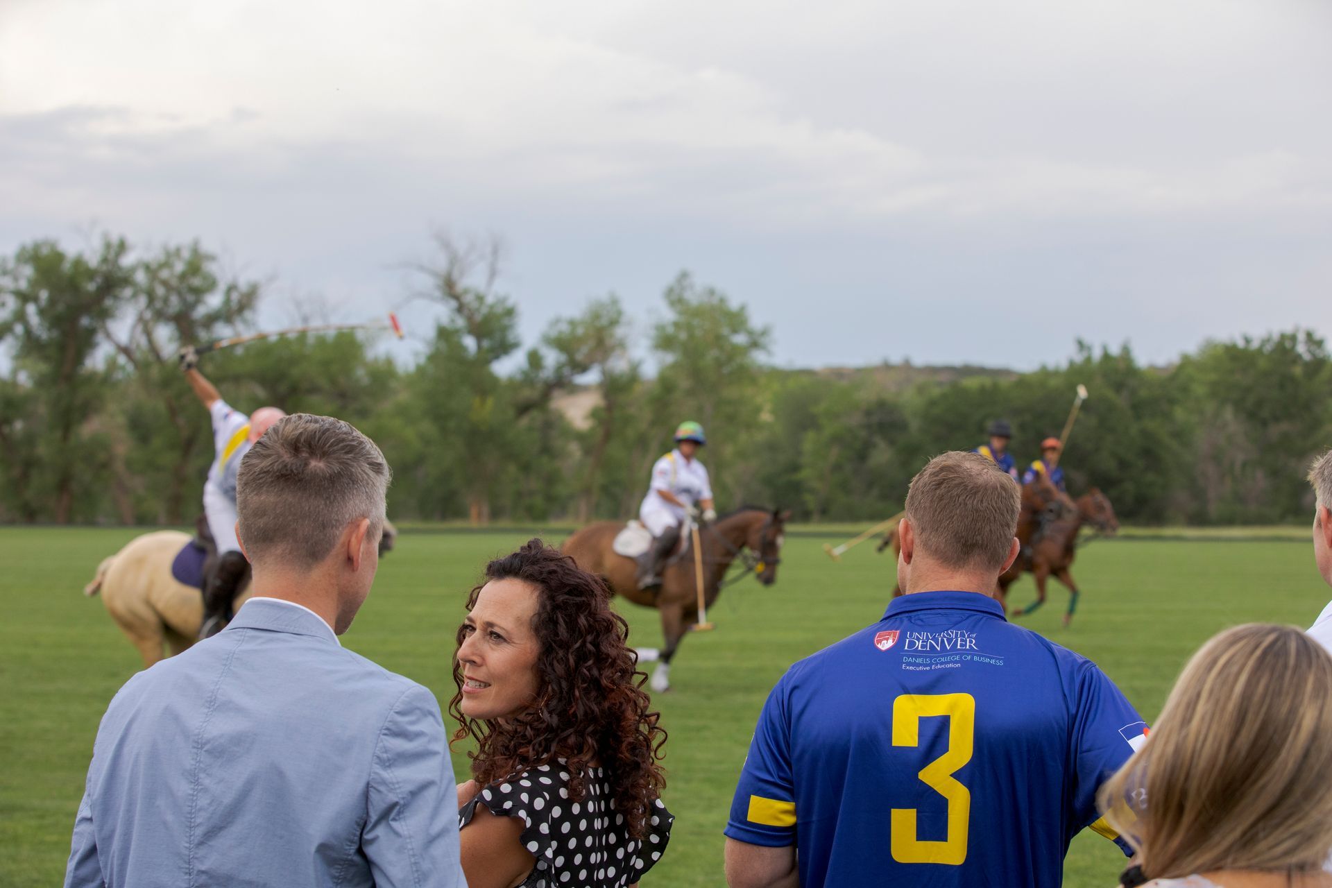 People watch a polo match on a grassy field. Players on horseback with mallets are visible.