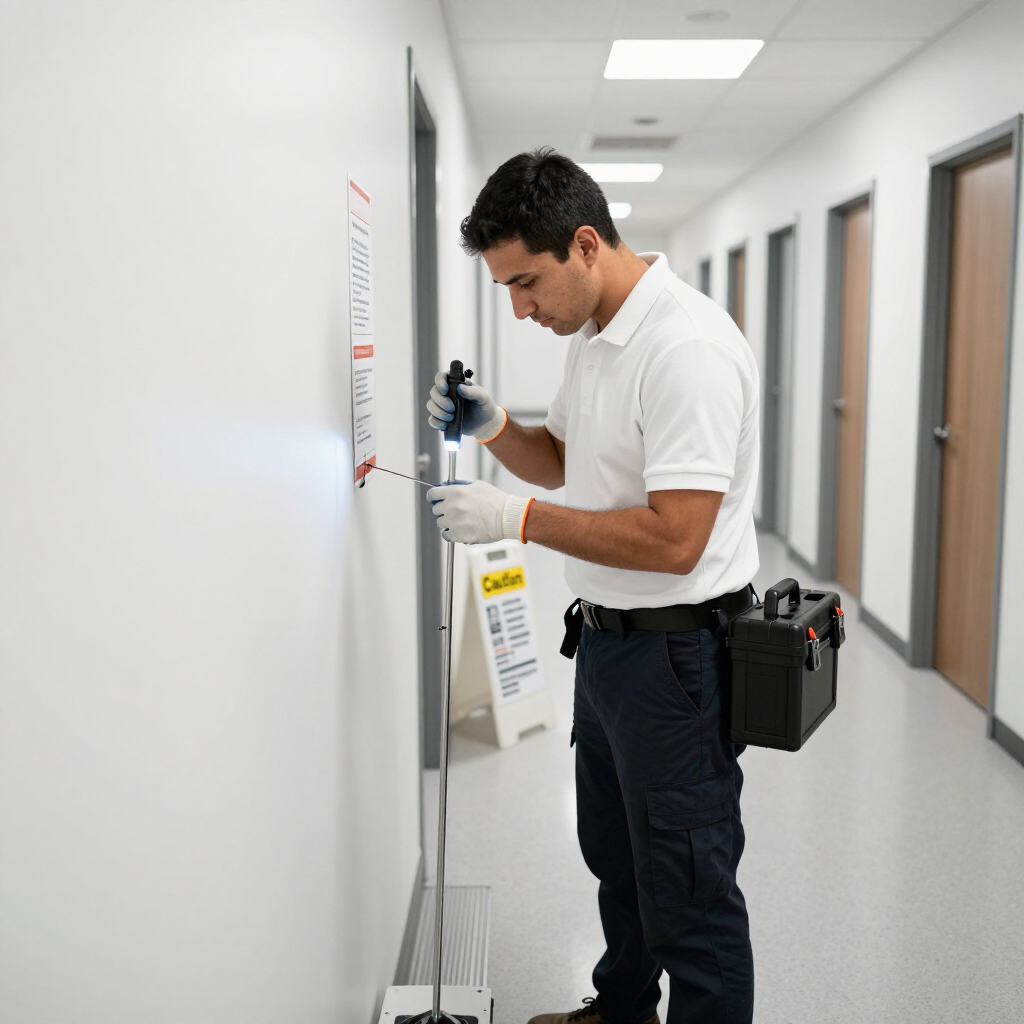 Técnico inspeccionando un dispositivo montado en la pared en un pasillo de oficina bien iluminado.
