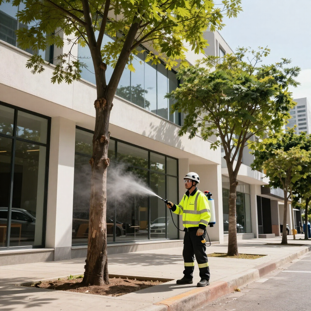 Un trabajador con ropa de alta visibilidad rocía agua sobre un árbol en una soleada acera de la ciudad.