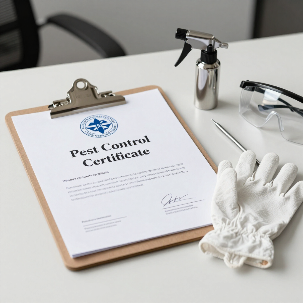 Certificado de control de plagas en un portapapeles con botella de spray, guantes y gafas de seguridad sobre un escritorio.
