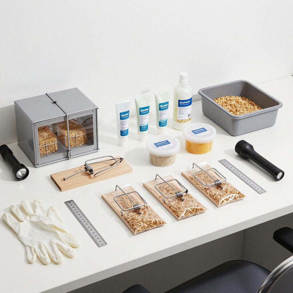 Kit para atrapar ratones con trampas vivas con cebo, guantes, desinfectante y herramientas de limpieza sobre una mesa.