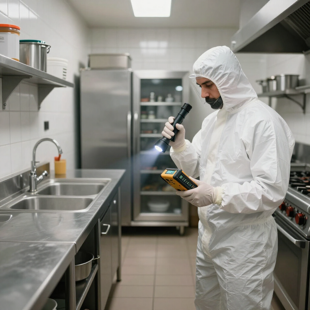 Técnico con traje blanco para sala limpia inspeccionando un dispositivo en un espacio de trabajo de cocina