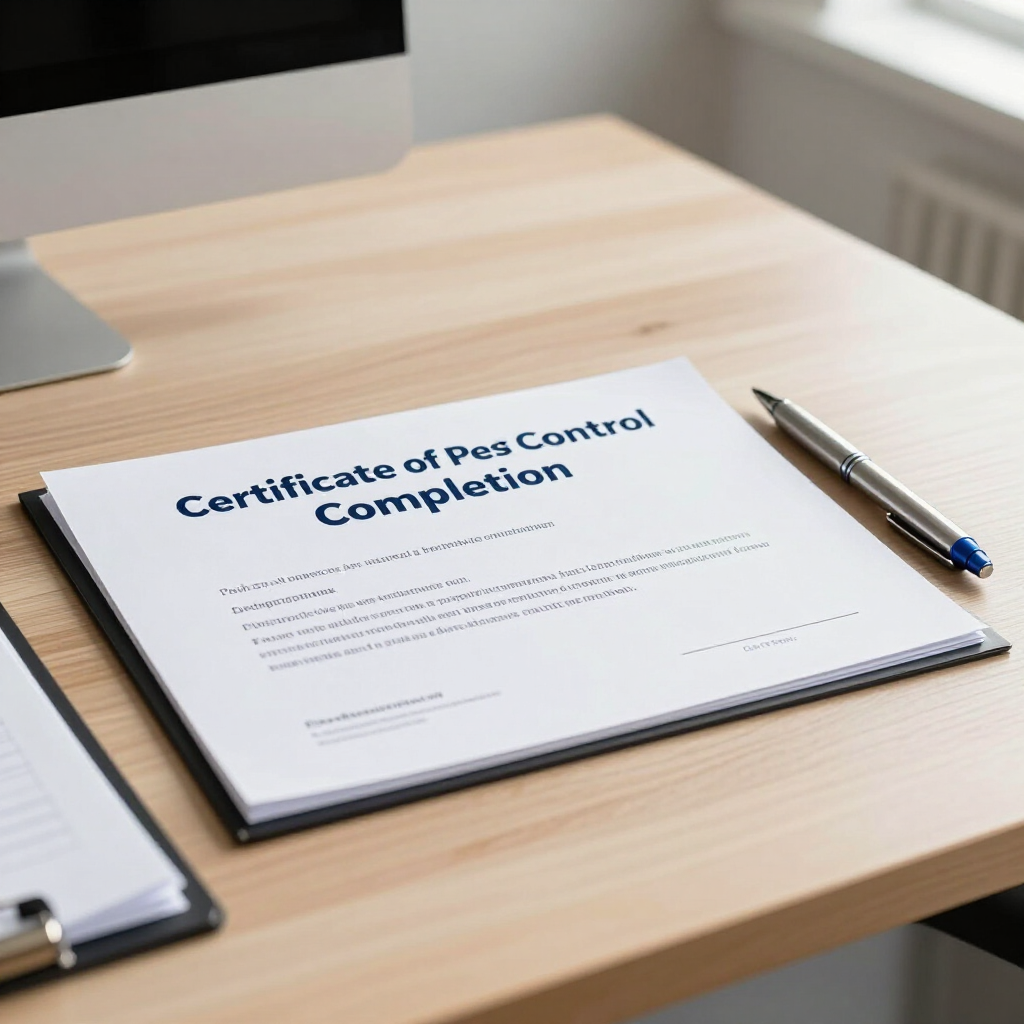 Un certificado impreso de finalización del control de plagas sobre un escritorio de madera junto a un bolígrafo