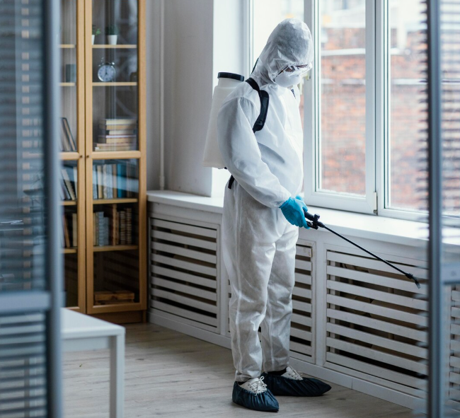 Una persona con un traje protector blanco rocía desinfectante junto a una ventana en una habitación luminosa.
