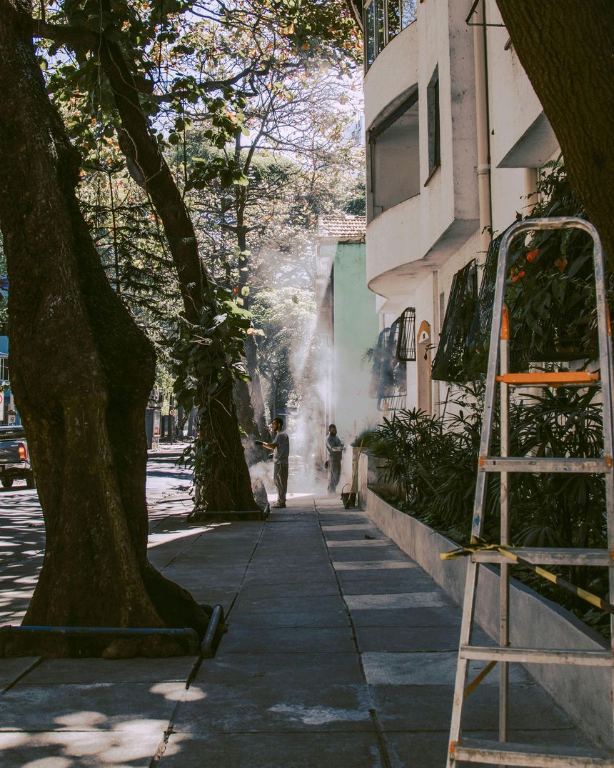 Acera arbolada junto a un edificio blanco con una escalera en primer plano y un chorro de agua a lo lejos.