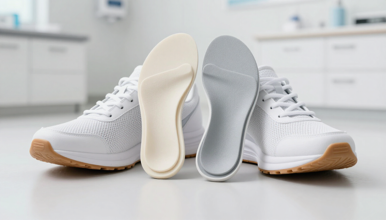 Pair of custom orthotic inserts on a medical table