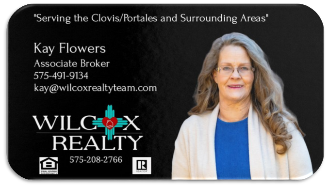 Kay Flowers real estate business card with portrait, WILCOX Realty logo, and contact details on black background
