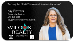 Click for contact information Kay Flowers real estate business card with portrait, WILCOX Realty logo, and contact details on black background