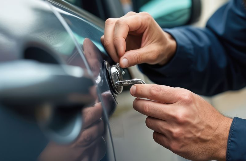Hands using a tool to open a car door lock on a dark blue vehicle